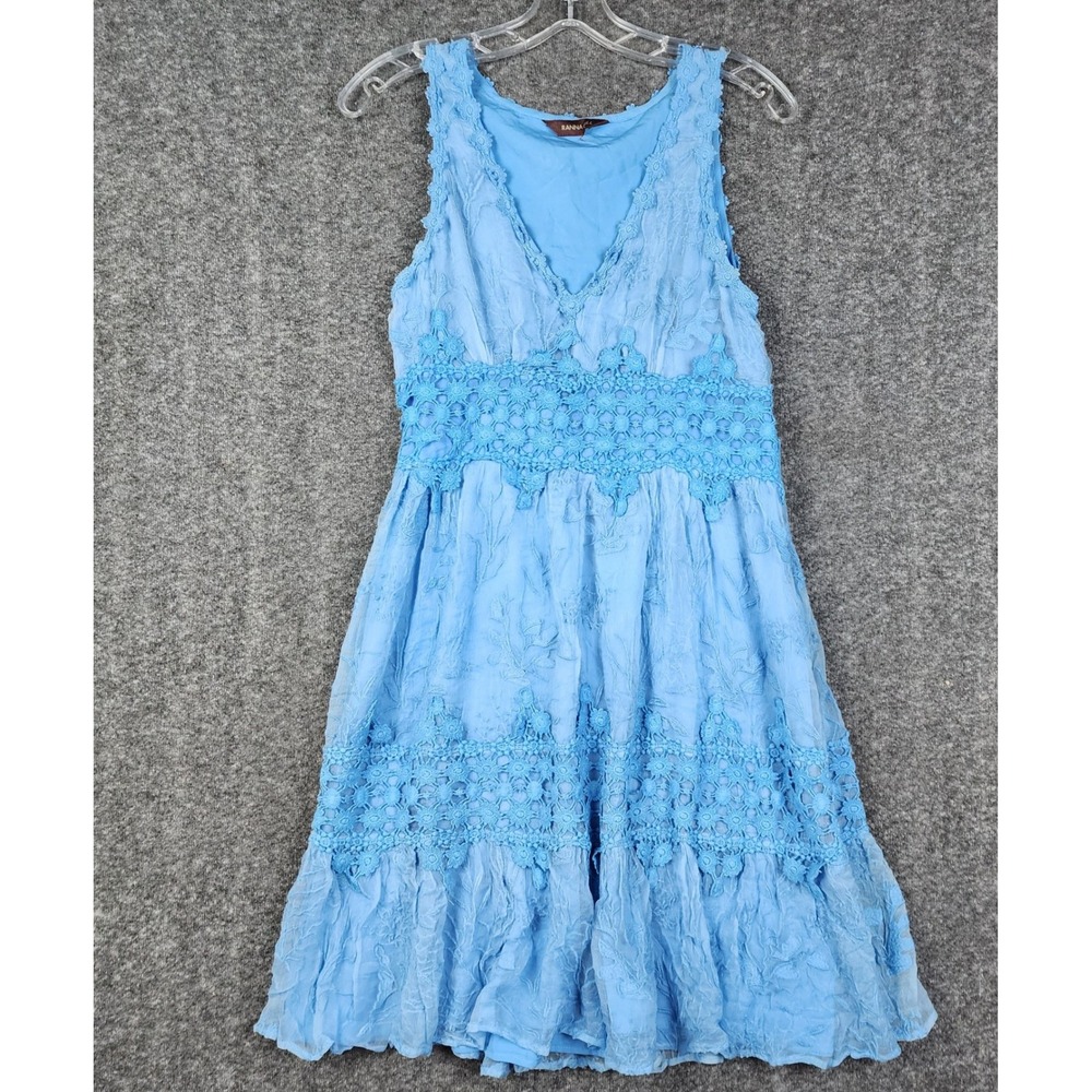 Ranna Gill Dress Womens Small Sky Blue Floral Crochet Lace Embroidered V-Neck